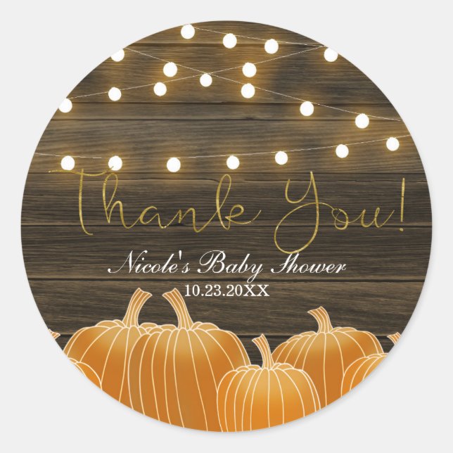 Adesivo Redondo Fall Pumpkins String Lights Rustic Obrigado (Frente)