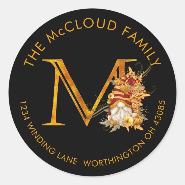 Adesivo Redondo Fall Season Gnomo Monograma Letra M Rótulo de Ende (Frente)