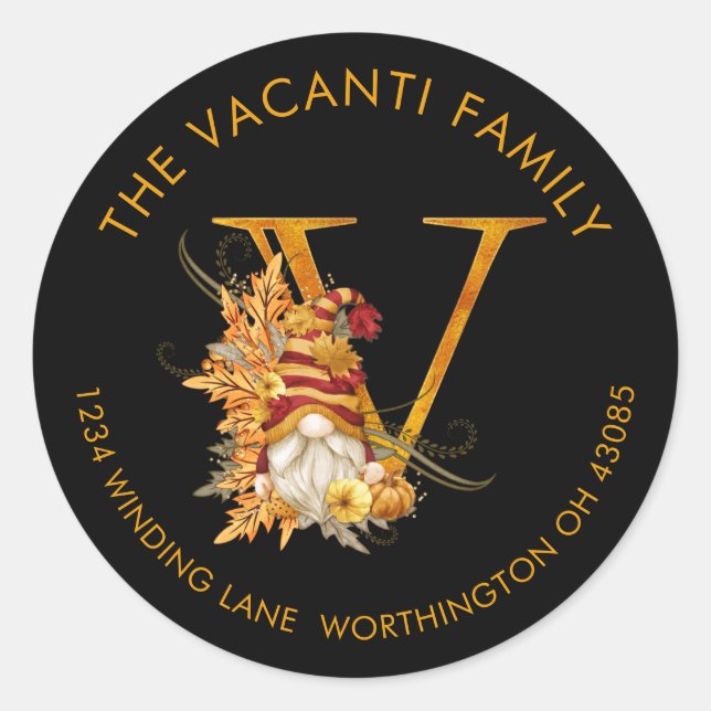 Adesivo Redondo Fall Season Gnomo Monograma Letra V Rótulo de Ende (Frente)