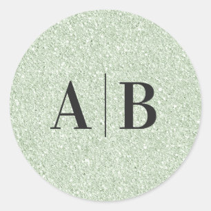 Adesivo Redondo Falso Glitter Verde Sage Leve Monograma de Casamen