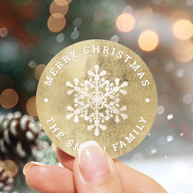 Adesivo Redondo Falso ouro com fenda de neve artística (Artistic snowflake faux gold Christmas Classic Round Sticker)