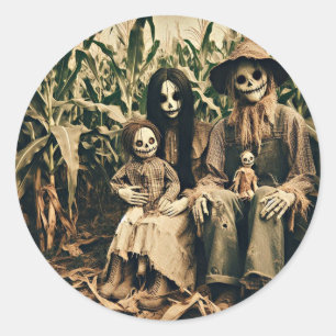 Adesivo Redondo Família assustadora Scarecrow na foto horror de co