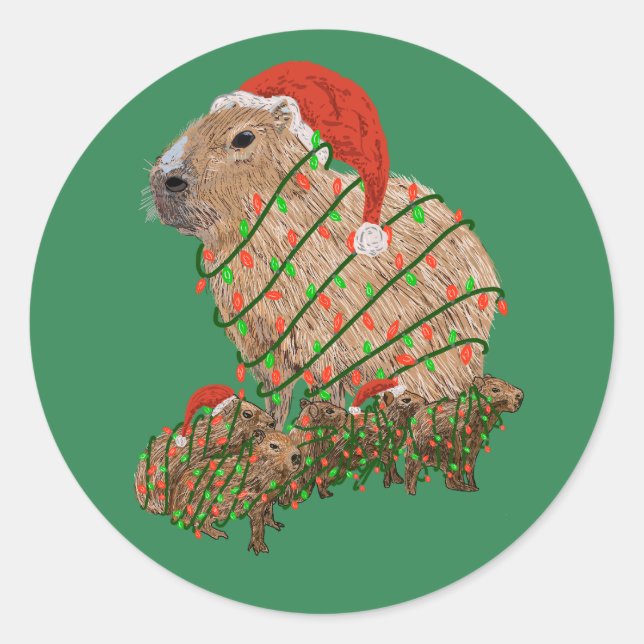 Adesivo Redondo Família Capybara de Natal Envolvida em Luzes (Frente)