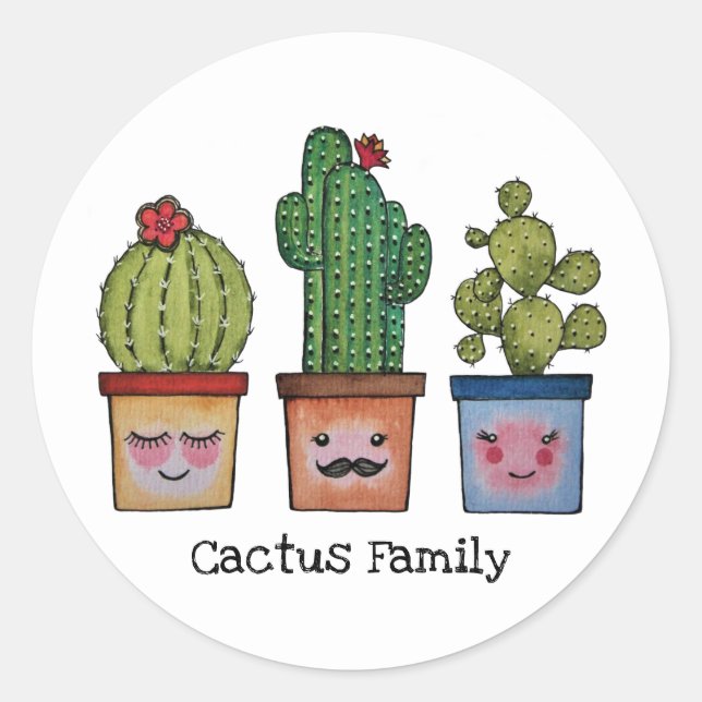 Adesivo Redondo Família Cute Cactus Em Aquarela (Frente)