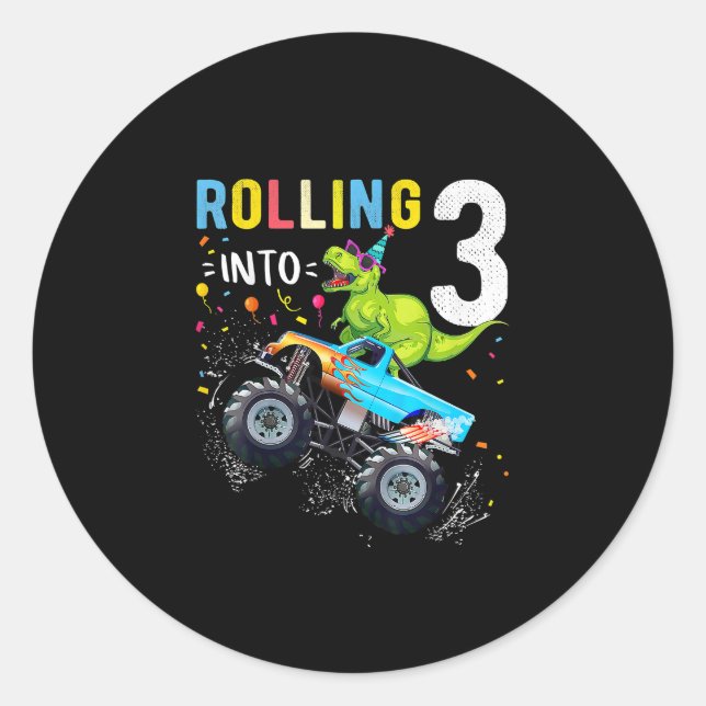 Adesivo Redondo Família de Caminhões Monstros Dinossauros, 3 anos (Frente)