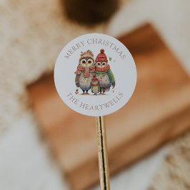 Adesivo Redondo Família de Coruja em Aquarela Natal Feliz Personal