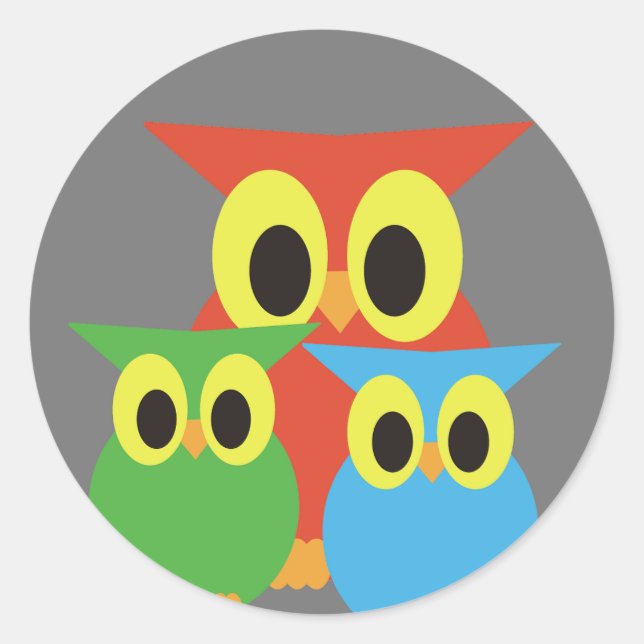 Adesivo Redondo Família de corujas: Vermelho, Verde e Azul (Frente)