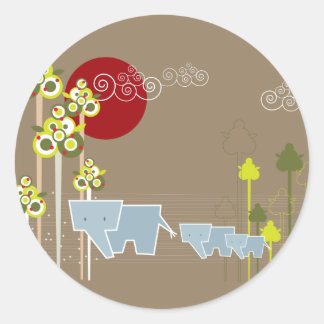Adesivo Redondo Família De Elefantes Whimsical Na Floresta E Sol V