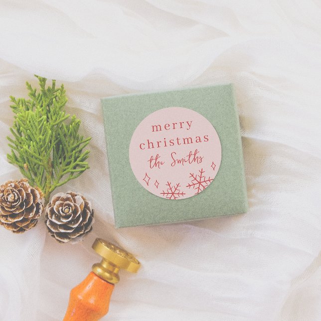 Adesivo Redondo Família de Flocos de Neve Cinzentos de Natal Rosa  (Criador carregado)