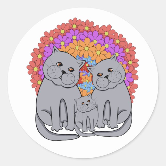 Adesivo Redondo Família de gatos. (Frente)