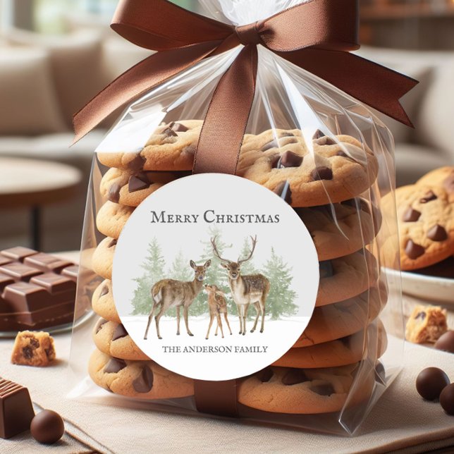 Adesivo Redondo Família Deer Winter Snow Feliz Natal (Deer in winter snow Christmas gift bag/envelope seal sticker)