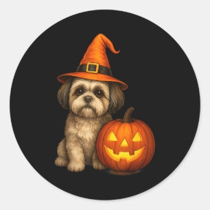 Adesivo Redondo Família do Cão de Halloween de Abóbora Shih Tzu Fa