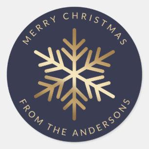 Adesivo Redondo Família Floco de Neve Azul Dourado Feliz Natal