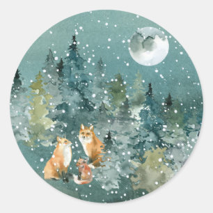Adesivo Redondo Família Fox em queda de neve na lua cheia na flor