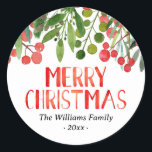 Adesivo Redondo Família Merry Christmas Berries<br><div class="desc">Red e Green Feliz Natal personalizado adesivos familiares.</div>
