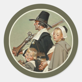 Adesivo Redondo Família Pilgrim. Ação de Graças da Vintage Art