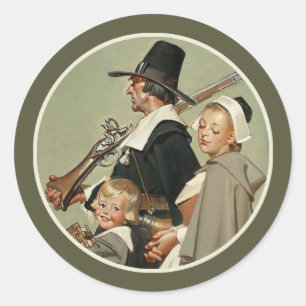 Adesivo Redondo Família Pilgrim.Vintage Art Thankanding Stickers