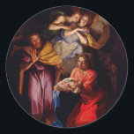 Adesivo Redondo Família Sagrada com Anjos por Coypel<br><div class="desc">Vintage Natividade,  do artista francês Noel Coypel. A pintura representa a Santa Família com dois anjos acima deles.</div>