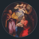 Adesivo Redondo Família Sagrada com Anjos por Coypel<br><div class="desc">Vintage Natividade,  do artista francês Noel Coypel. A pintura representa a Santa Família com dois anjos acima deles.</div>