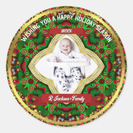 Adesivo Redondo Família Vermelho Verde Dourado Festivo Foto Férias