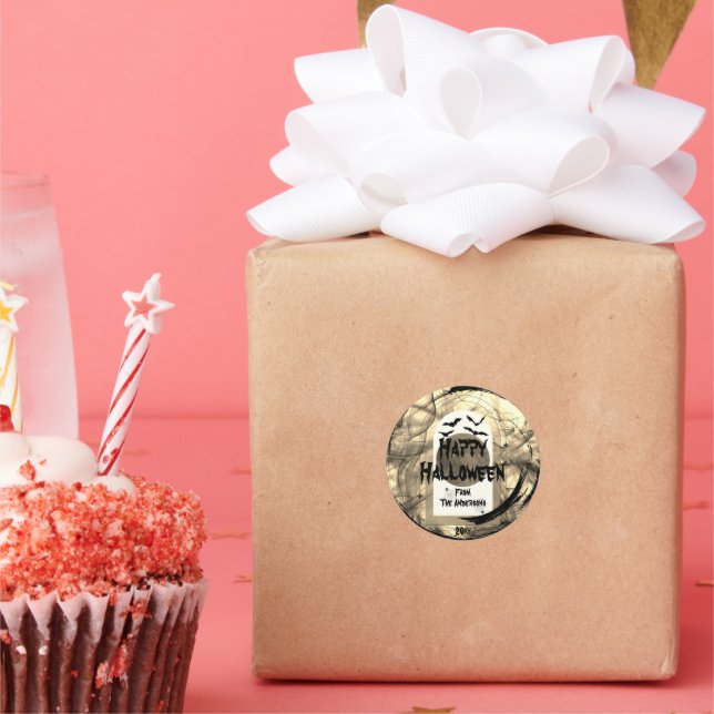 Adesivo Redondo Familly Name Spooky Bat Spider Web Happy Halloween (Festa)