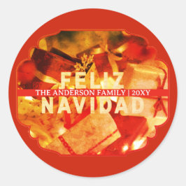 Adesivo Redondo Family Name Red Gold Feliz Navidad Christmas