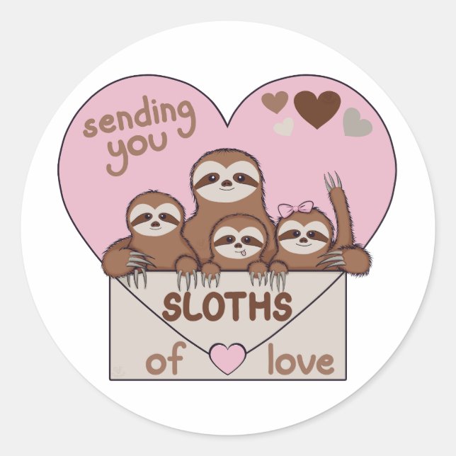 Adesivo Redondo Family of Sloths with Envelope, Heart and Text (Frente)