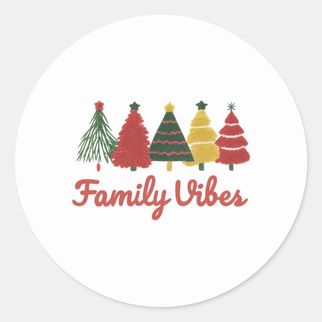 Adesivo Redondo Family Vibes – Cozy Christmas Tree Design (Frente)