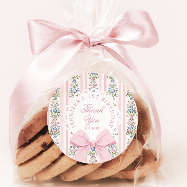 Adesivo Redondo Fancy One Blush pink Bow birthday Thank you (Criador carregado)
