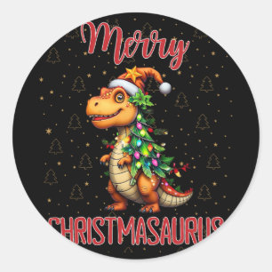 Adesivo Redondo Fanny Feliz Natal Christmasaurus Dinossauro Árvore