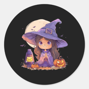 Adesivo Redondo Fantasia de Bruxa Halloween Abóbora Assustador Fel