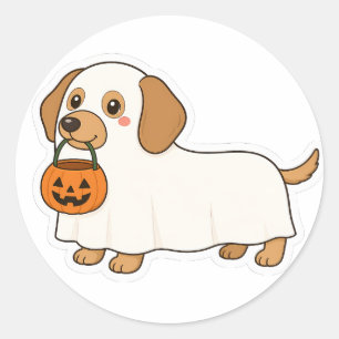 Adesivo Redondo Fantasia de Fantasma de Cachorro Salsicha Hallowee
