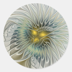 Adesivo Redondo Fantasia de Flor de Prata Dourada Arte Fractal Abs