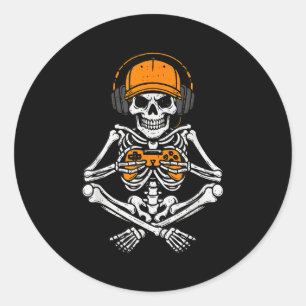 Adesivo Redondo Fantasia de Halloween de Esqueleto Gamer Vídeo Jog
