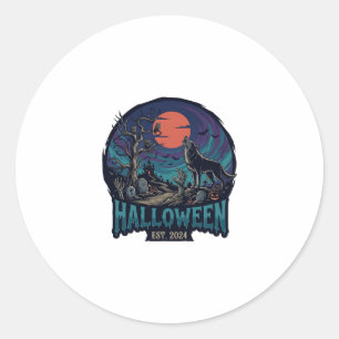 Adesivo Redondo Fantasia de Halloween Est Lobo Uivando Lua Vermelh