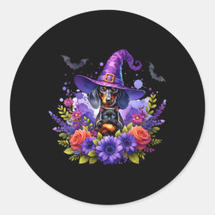 Adesivo Redondo Fantasia de Halloween Feminina Bruxa Dachshund Cac