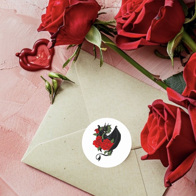 Adesivo Redondo Fantasia de Rosas vermelhas de Dragão Negro (Criador carregado)