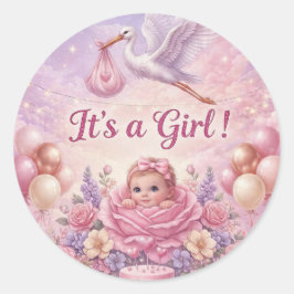 Adesivo Redondo Fantasia É uma Menina Cegonha Rosa Chás de Bebê