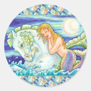 ADESIVO REDONDO FANTASIA FANTASY MERMAID RIDING MERHORSE, SEAHORSE