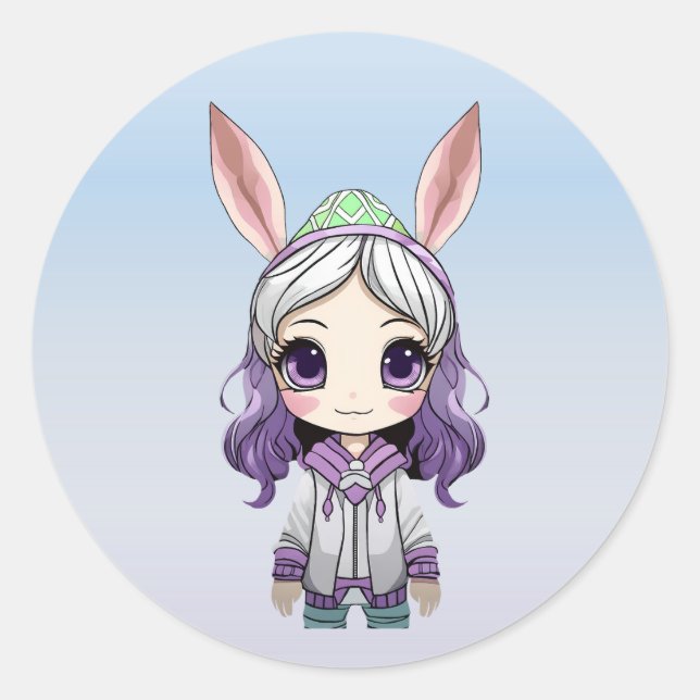 Adesivo Redondo Fantasia Garota com Olhos de Olhos Coelhinhos (Frente)