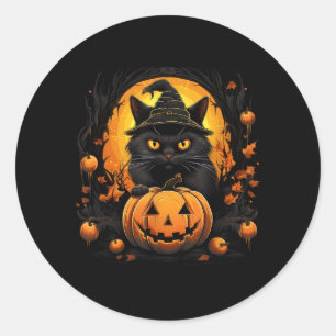 Adesivo Redondo Fantasioso Traje de Gato de Halloween Gato Abóbora