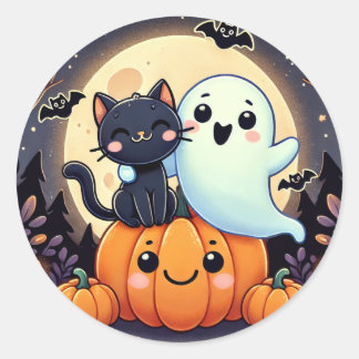 Adesivo Redondo Fantasma Amigável e Halloween de Gato
