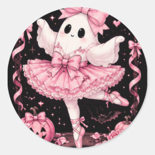 Adesivo Redondo Fantasma Bailarina Coquete Laço Rosa Halloween