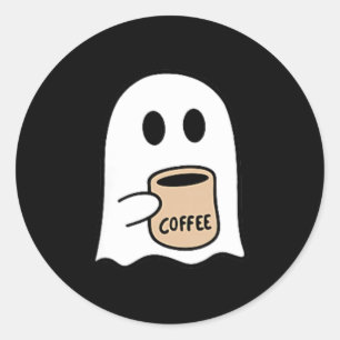 Adesivo Redondo Fantasma Bebendo Café Fantasia Divertida de Hallow