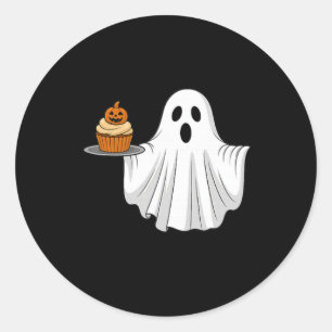Adesivo Redondo Fantasma Bonita do Halloween Segurando Pocke Cupca