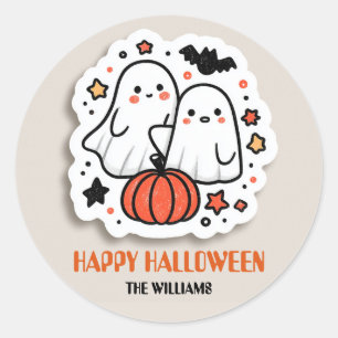 Adesivo Redondo Fantasma Bonita e Abóbora no Halloween