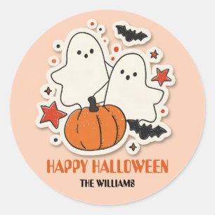 Adesivo Redondo Fantasma Bonita e Abóbora no Halloween