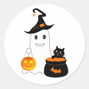 Adesivo Redondo Fantasma bonito com gato preto celebra o halloween