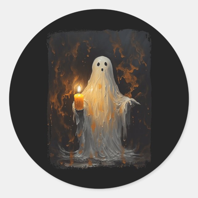 Adesivo Redondo Fantasma Bonito Segurando Velas Diversão Halloween (Frente)