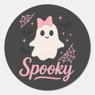 Adesivo Redondo Fantasma Bonito Spooky com Arco Rosa Kawaii Hallow